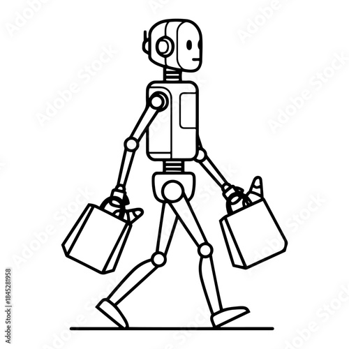 Futuristic robot walking and carrying shopping bags after buying goods