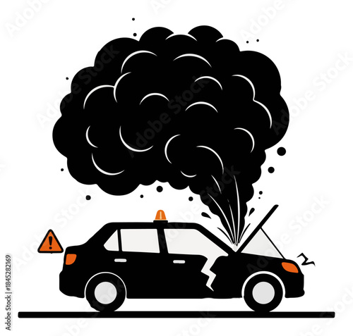 Silhouette of a broken car with smoke rising from the open hood and warning sign
