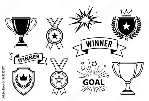 Collection of black and white trophy cups and winner medals with ribbons