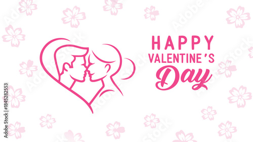 Happy valentine's day greeting card with loving couple kissing in heart shape pink flowers