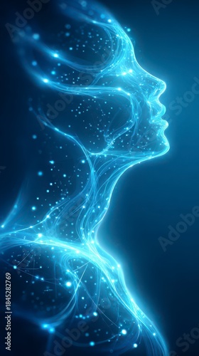 Digital Silhouette of a Thought: A serene, abstract portrait of a human form created from luminous digital particles, emanating a sense of introspection and the power of the mind.