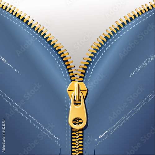 Golden zipper on blue denim fabric close-up