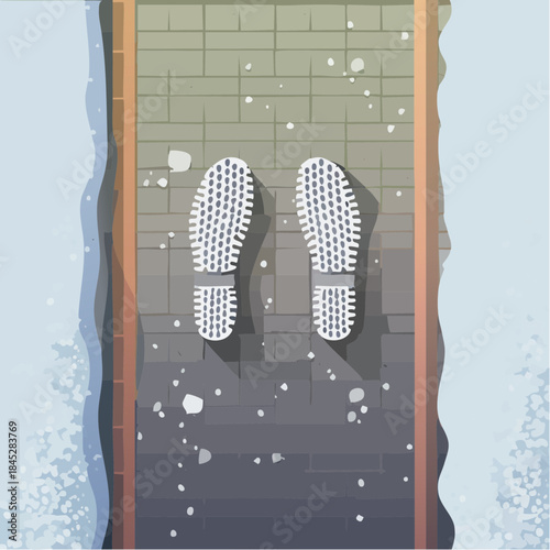 Person stepping into icy cold water with white shoes on brick pool deck