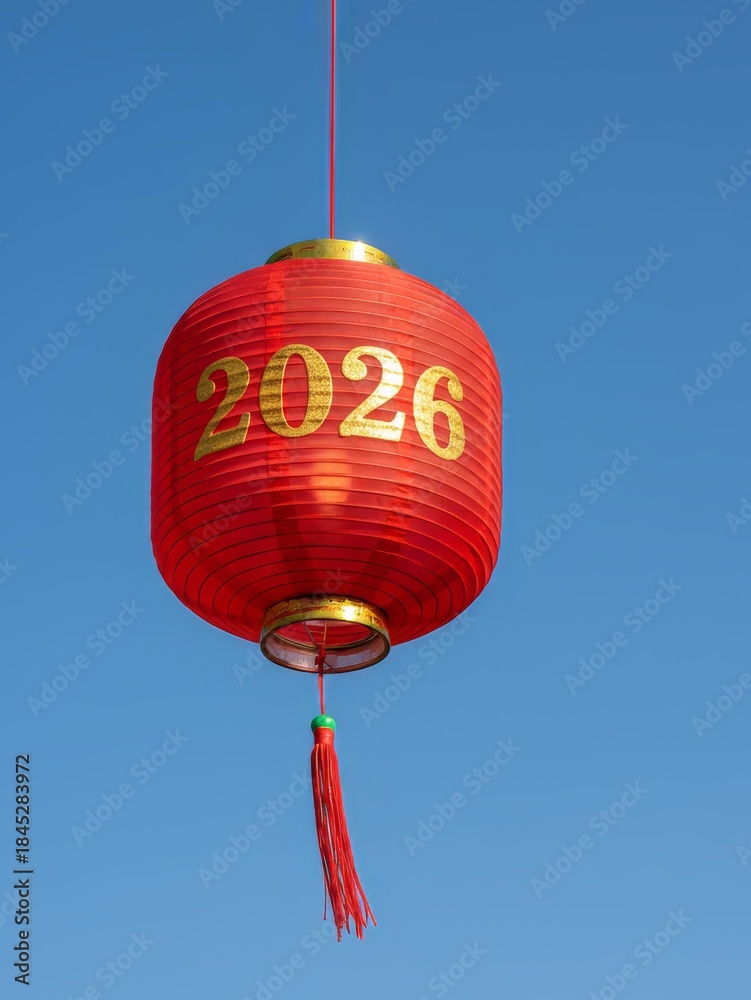 Obraz premium Chinese Lunar New Year banner with red lantern against clear blue sky, 2026