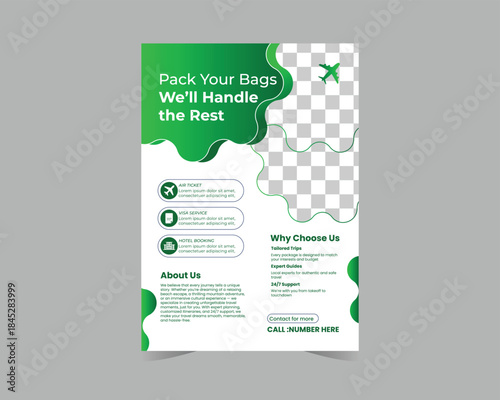 Modern Travel Agency Flyer Template with Green Abstract Design and Photo Placeholder