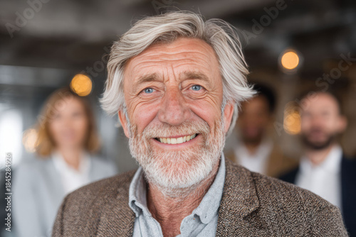 Smiling attendees pose for a portrait at a major business conference. Confident professionals network and celebrate success at this modern corporate event.