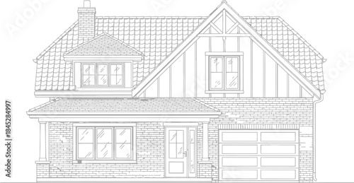 Detailed black and white architectural line drawing of a charming two story suburban home featuring brick and vertical siding elements