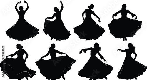 Collection of female soldier and agent silhouettes holding various firearms in action poses, woman with gun, military or security team flat vector illustration.