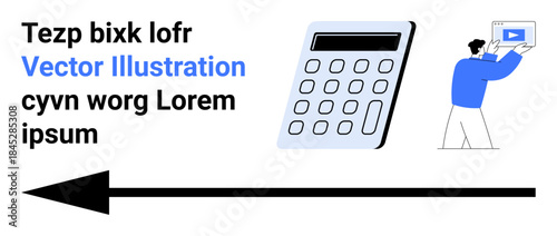 Calculator, large arrow, text blocks, and person holding play button. Ideal for education, finance, tech, infographics, digital marketing presentations simple landing page