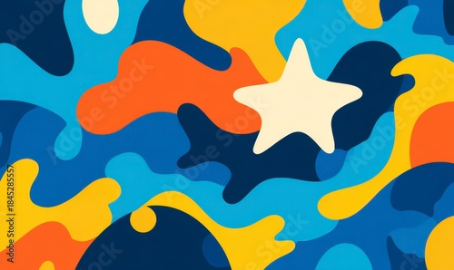 Abstract Starry Texture: A vibrant, abstract composition where a star is prominent among playful shapes. A colorful exploration of forms and hues
