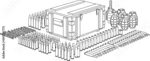 Military ammunition crate surrounded by various types of bullets and fragmentation grenades in a clean line art style