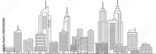 Minimalist black and white line art drawing depicting a modern city skyline with various contemporary architectural buildings and skyscrapers
