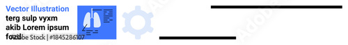 Healthcare, diagnostics, planning, technology, data visualization, process design. Lungs diagram, abstract gear symbol and horizontal sections. Healthcare and diagnostics concept