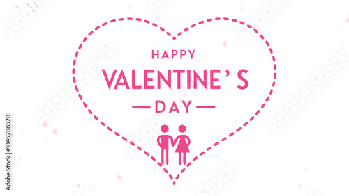 Happy valentines day greeting card with heart and couple icons on white background with pink text