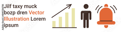 Business strategy, growth monitoring, alert notifications, financial analysis, performance tracking, productivity. Graph indicating upward trend, person icon bell symbol. Business strategy