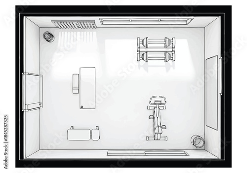 Top Down View of a Compact Home Gym Floor Plan with Exercise Equipment layout architecture interior design icons