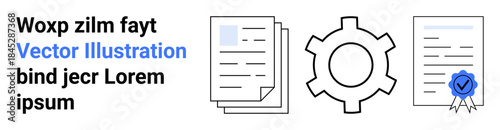 Multiple documents stacked, gear symbol for processes, certified document with badge and checkmark. Ideal for workflow, quality, organization, compliance, productivity, business simple landing page