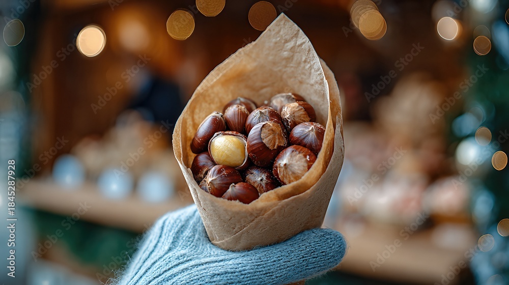 Naklejka premium Hand Holding Paper Cone of Roasted Chestnuts at Festive Christmas Market