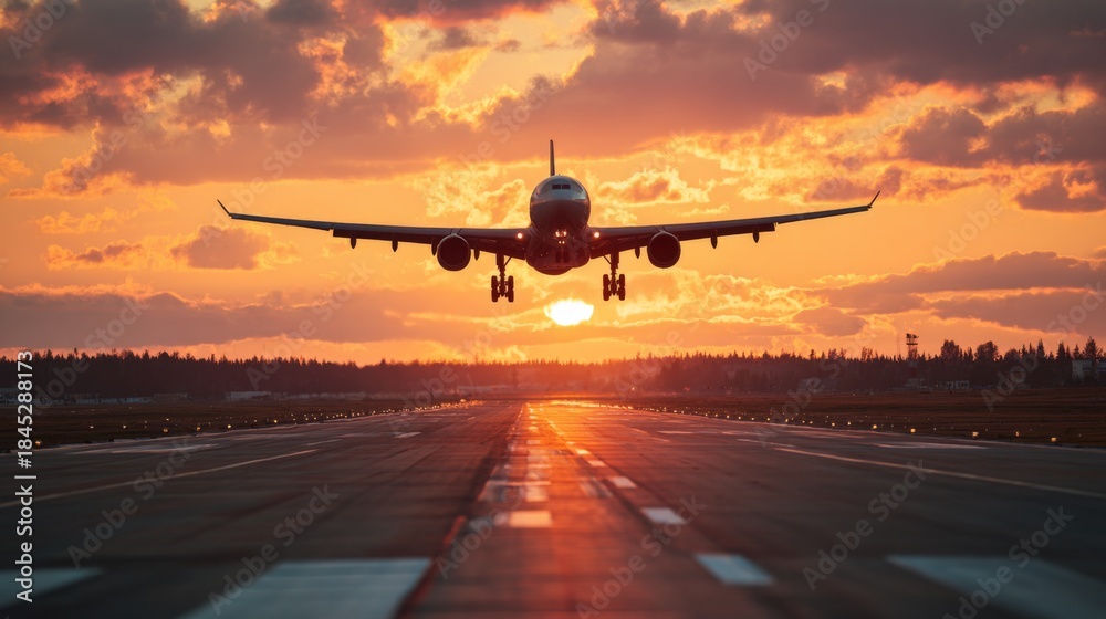 Fototapeta premium Airplane Landing at Sunset Over a Runway with Vibrant Sky Colors and Dramatic Cloud Formation in the Evening Light