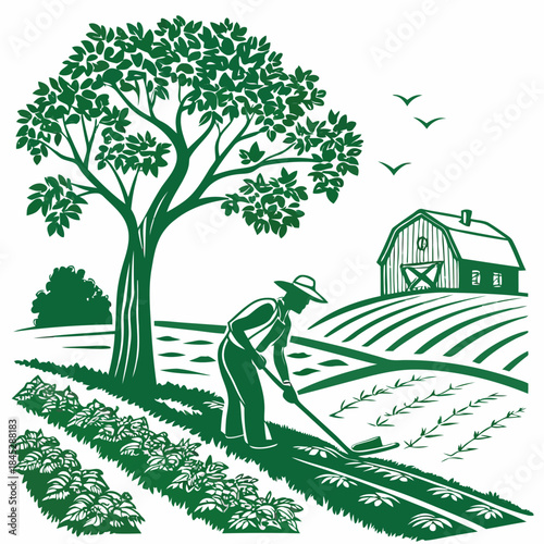 An illustration showing a farmer cultivating crops in a field near a barn and large tree
