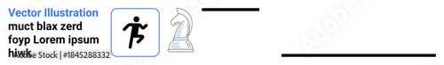 Strategy, sports, goals, decision making, ambition, planning. Symbol features a runner icon paired with a chess knight figure. Strategy and sports visualization and concepts