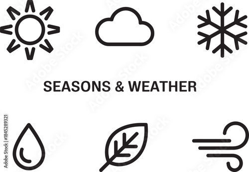 Set of six weather and seasons line icons including sun cloud snowflake leaf wind