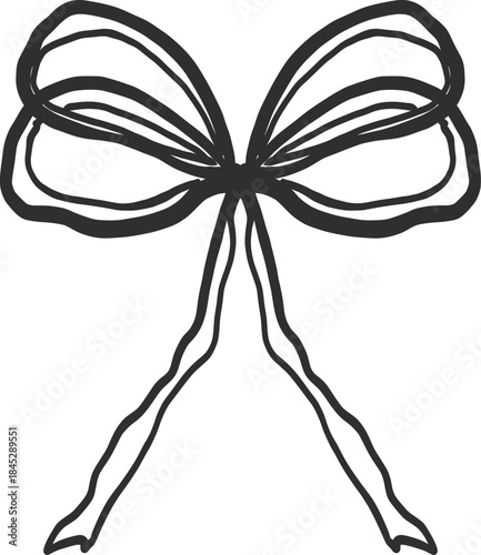Vntage hand drawn Bow Ribbon coquette doodle illustration. Outline sketch tie for gift