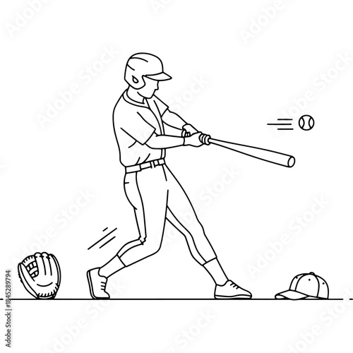 Baseball player in the middle of a swing, hitting a ball Vector