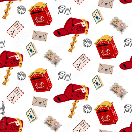 Seamless pattern with various Christmas mailboxes, letters, stamps, and seals. flat, colorful, texture for writing to Santa. Suitable for festive fabrics, wrapping paper, backgrounds.