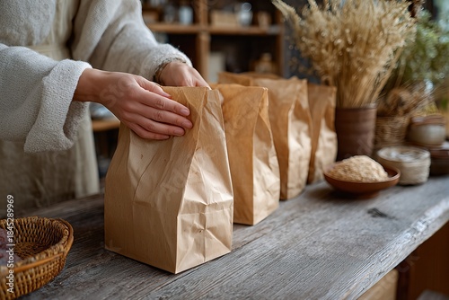 Shop Supplier Organizing Eco-Friendly Paper Bags in Rustic Store