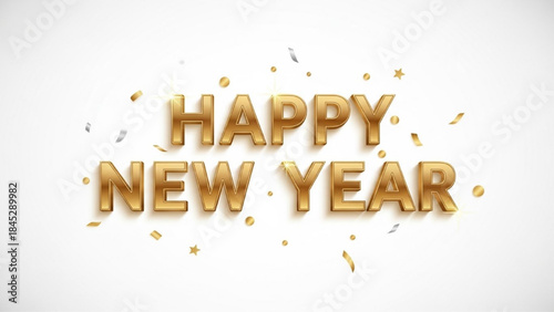 Happy New Year Elegant Metallic Gold 3D Lettering with Festive Confetti Vector Illustration