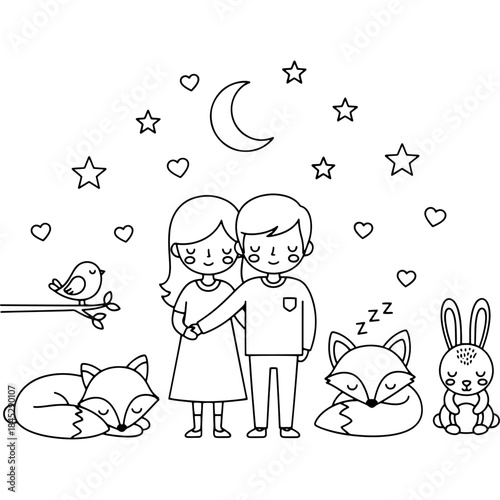 Cute couple with sleeping animals under the starry night sky Vector