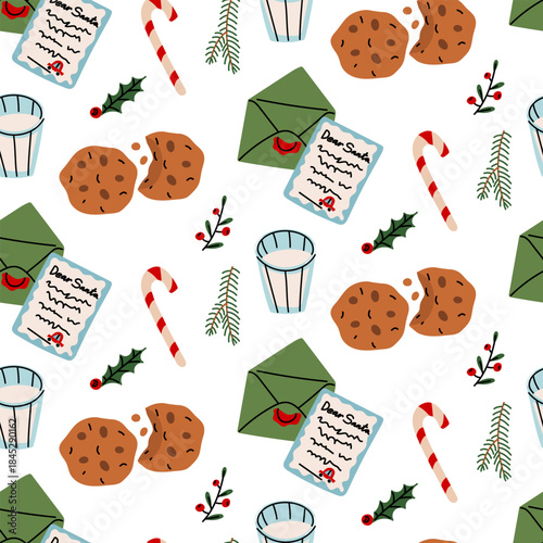 Seamless pattern with Christmas letters and envelopes addressed to Santa Claus, glass of milk, cookies, sugar cane, spruce branch. colorful flat print in flat for wrapping paper, festive fabric