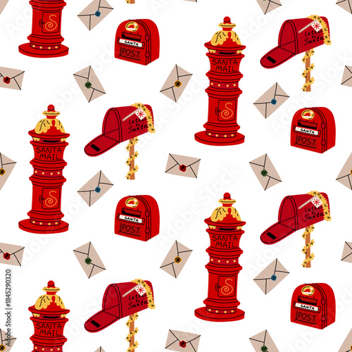 Seamless pattern with various Christmas red mailboxes and letter envelopes. Flat texture of colored boxes on the theme of a letter for Santa Claus. For festive fabric, wrapping paper, or background.