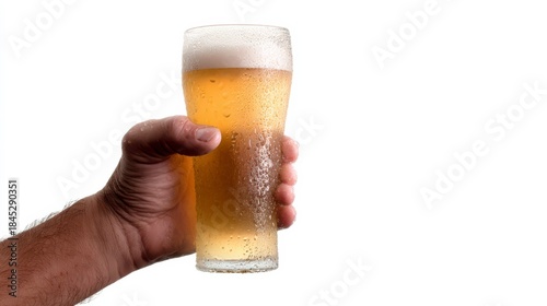 Cheers to Refreshment: A hand confidently grasps a tall glass of cool, effervescent beer, inviting the viewer to partake in a moment of pure refreshment and conviviality.