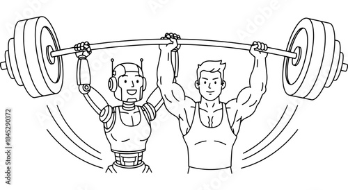 Robot and bodybuilder lifting weights together, representing strength and technology Vector