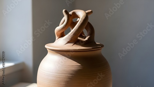 Ceramic pot with unique handle studio art pottery craftsmanship closeup