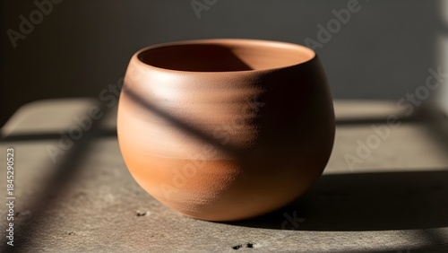 Ceramic pottery bowl with warm brown tones and natural sunlight