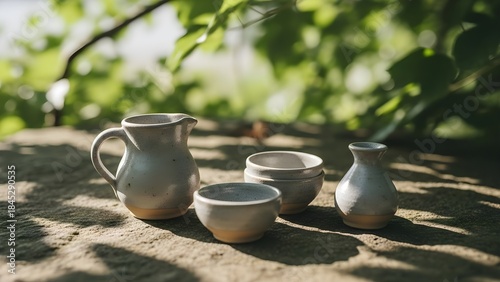 Ceramic pottery set on a stone surface with soft sunlight and green foliage