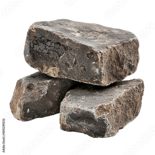 Three dark gray stones stacked Isolated transparent on white background