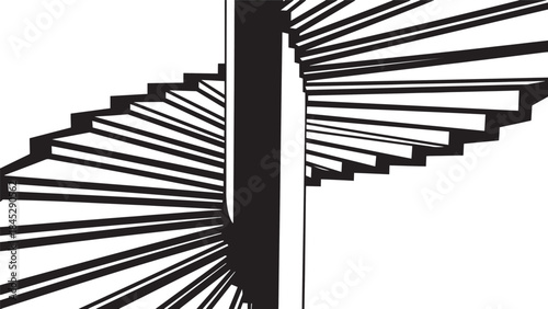 Architectural spiral staircase with metal railing and dramatic shadows from interior perspective.