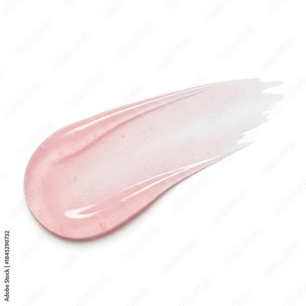 Fototapeta premium Pink cosmetic gel smudge with tiny bubbles on white background. Beauty product texture for skincare and makeup mockups.