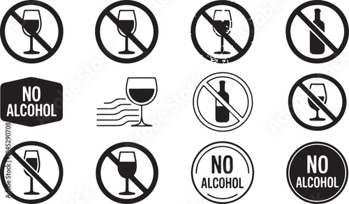 Collection of No Alcohol and No Drinking Icons and Symbols prohibition forbidden
