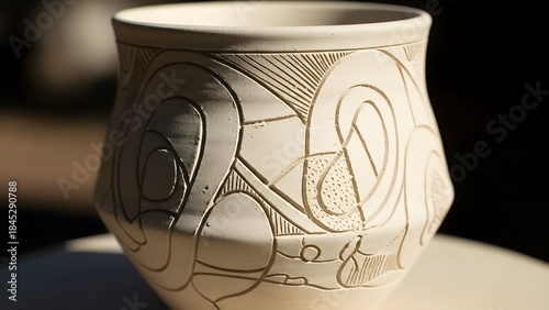 Close up of a decorative ceramic vase with geometric carvings and shadows