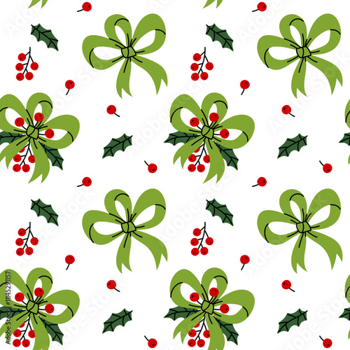 Seamless pattern with green bows in three loops with holly leaves and red rowan berries. A chaotic texture in a flat style, perfect for holiday wrapping paper, fabric, or digital technology.