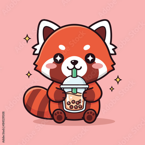 A charming red panda happily enjoys a refreshing bubble tea drink