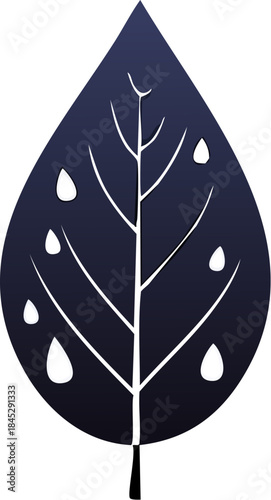 Gradient Dark Blue Leaf with Stylized White Water Drops, Isolated White Background
