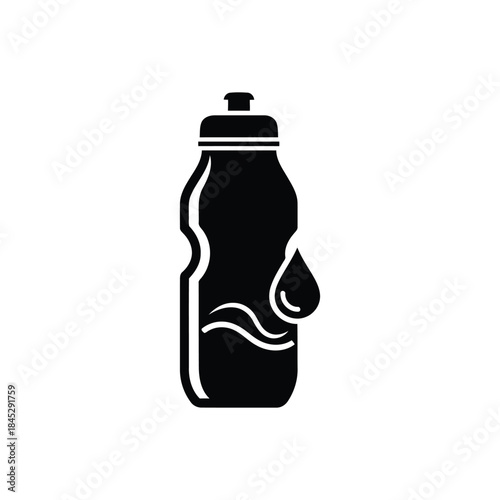 Black and white icon of a water bottle with a drop of water