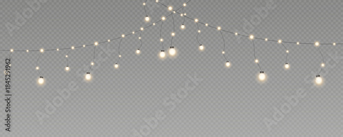 Christmas garland isolated on transparent background. Glowing colorful light bulbs with sparkles.Xmas, New Year, wedding or Birthday decor. Party event decoration. Winter holiday season element.	
