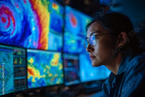 Focused meteorologist analyzing weather patterns on multiple screens in a dark control room, concept for weather forecast, climate change analysis anddisaster management